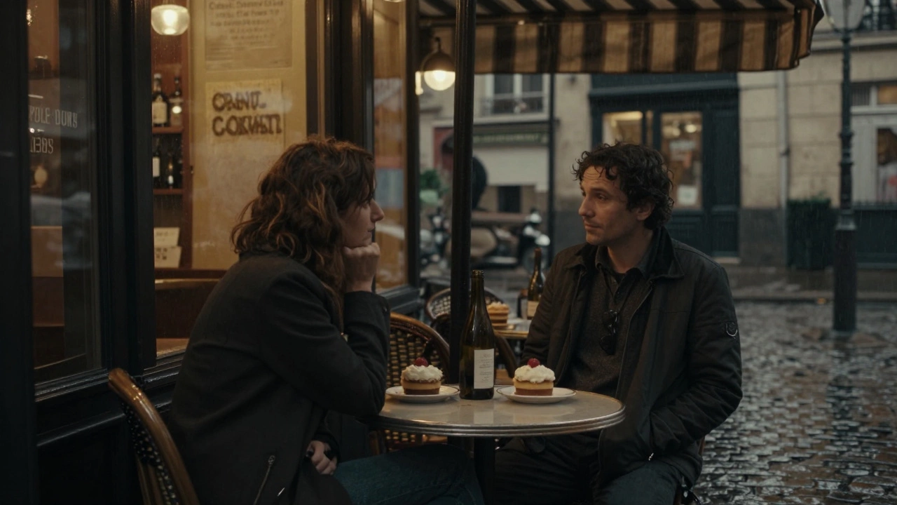 A man and woman sharing a quiet moment at a rainy Paris café, intimate and unspoken connection.