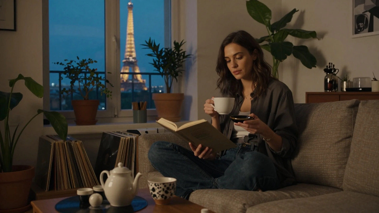 A woman in a 13th arrondissement apartment with plants, vinyl records, and the Eiffel Tower visible through the window.